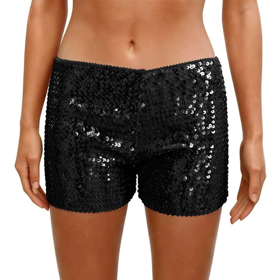 Mardi Gras Sequin Shorts for Women High Waist Stretchy Elastic Waistband Sparkly Dance Party Hot Pants Glitter Shorts Black L