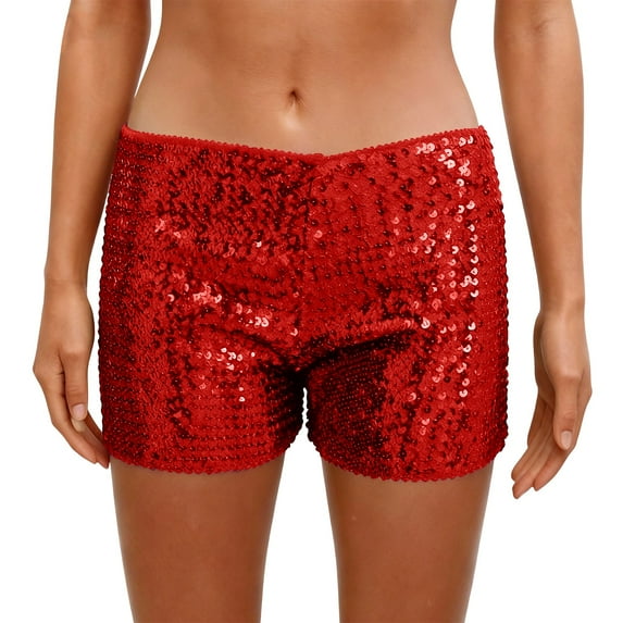 Mardi Gras Sequin Shorts for Women High Waist Stretchy Elastic Waistband Sparkly Dance Party Hot Pants Glitter Shorts Red M