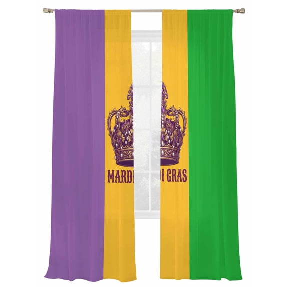 Mardi Gras Sheer Curtains 2 Panels Set Carnival Crown Purple Gold Green Sheer Window Curtains Light Filtering Rod Pocket Voile Drapes for Bedroom Living Room 52"X84"