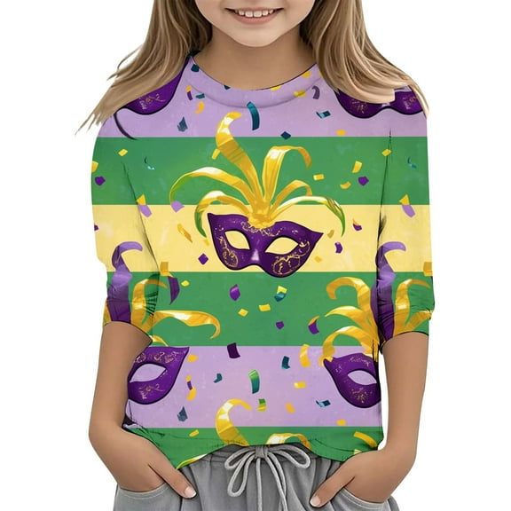 Mardi Gras Shirt Kids Boy Girls T-Shirt 3/4 Sleeve Casual Crewneck Shirt Trendy Graphic Tees Tops Carnival Party Shirts Summer Clothes Green 3-4 Years