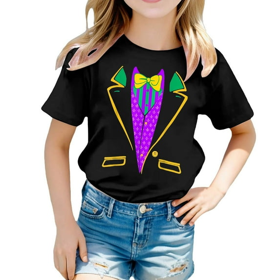 Mardi Gras Shirt Kids Boy Girls T-Shirt Short Sleeve Casual Round Neck Shirt Funny Graphic Tees Tops Carnival Party Shirts Summer Clothes Black 6-7 Years