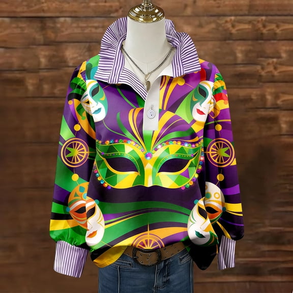 Mardi Gras Shirt Women Long Sleeve V Neck Carnival Sweatshirt Casual Tshirts