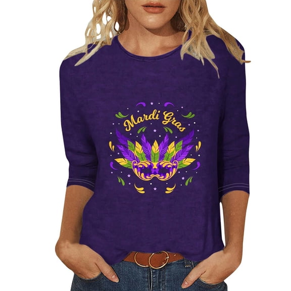 Mardi Gras Shirt Women Mardi Gras Mask Graphic Crew Neck 3/4 Sleeve Tee Tops Fashion Carnival Party Outfits Casual Classic Fit Blouses
