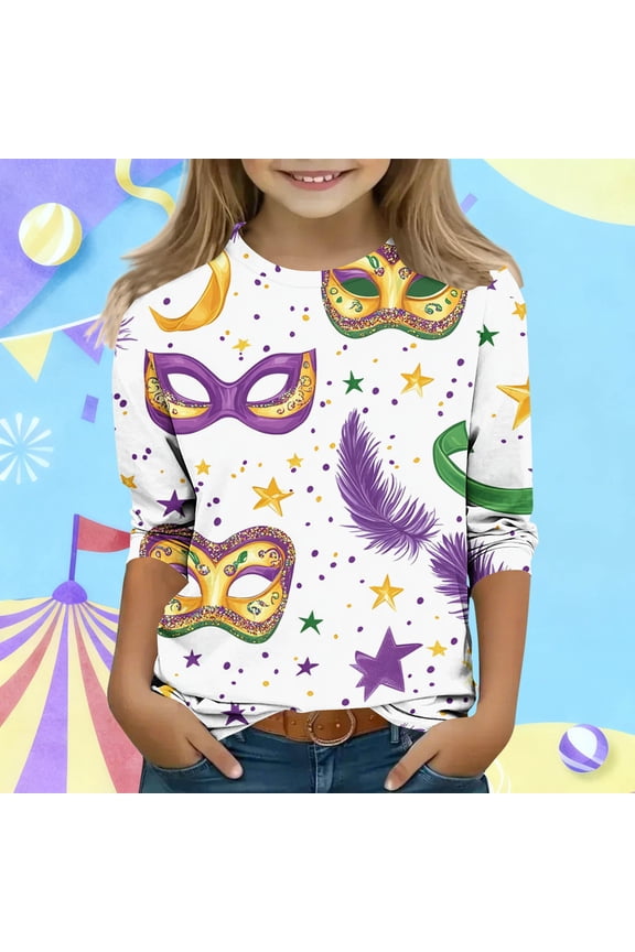 Mardi Gras Shirt for Girls Kids Purple Gold Green All Over Print Mask Graphic Long Sleeve T Shirt 3/4 Sleeve Festival Top,Size 12-13T