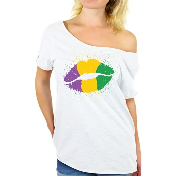 Mardi Gras Shirt for Women Festive Lips Tee Carnaval Off Shoulder T-Shirt New Orleans Souvenirs