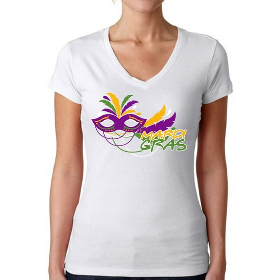 Mardi Gras Shirt for Women Festive Tees Carnival Mask Carnaval 2021 V-Neck T-Shirt New Orleans Party