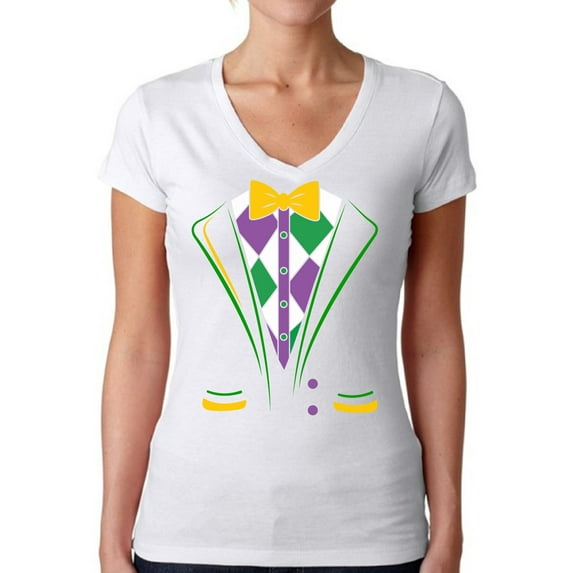 Mardi Gras Shirt for Women New Orleans Tuxedo Tee for Her Festival Celebration Novelty V-Neck Top