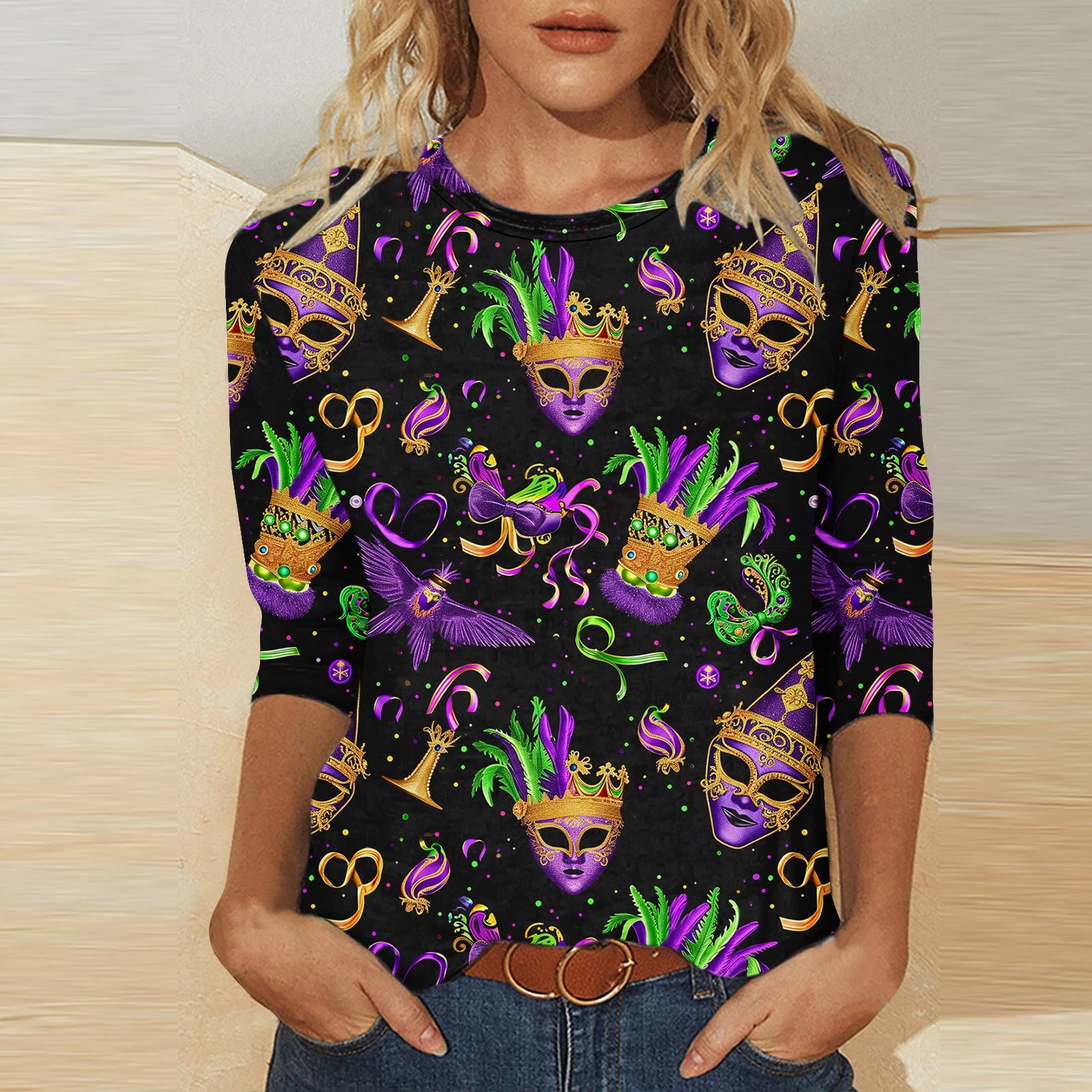 Mardi Gras Shirt for Women Party Graphic Print 3/4 Sleeve Tunic Tops ...