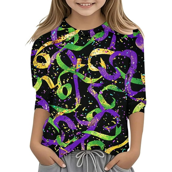 Mardi Gras Shirts Kids Boys Girls 3/4 Sleeve T-Shirt Casual Crewneck Funny Graphic Print Tees Tops Carnival Party Shirt Summer Clothes Dark 6-7 Years