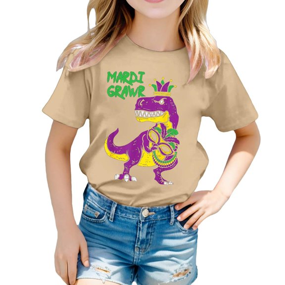 Mardi Gras Shirts Kids Boys Girls Short Sleeve T-Shirt Casual Crewneck Funny Graphic Print Tees Tops Carnival Party Shirt Summer Clothes Z03-Khaki 10-11 Years