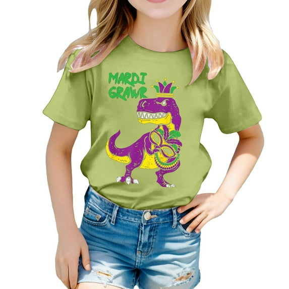 Mardi Gras Shirts Kids Boys Girls Short Sleeve T-Shirt Casual Crewneck Funny Graphic Print Tees Tops Carnival Party Shirt Summer Clothes Z03-Light Green 8-9 Years