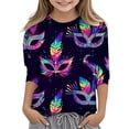 thumbnail image 1 of Mardi Gras Shirts Kids Girls 3/4 Sleeve Casual Round Neck T-Shirt Trendy Mask Graphic Tees Carnival Party Shirt Pullover Tops Summer Clothes Dark Blue 4-5 Years, 1 of 5