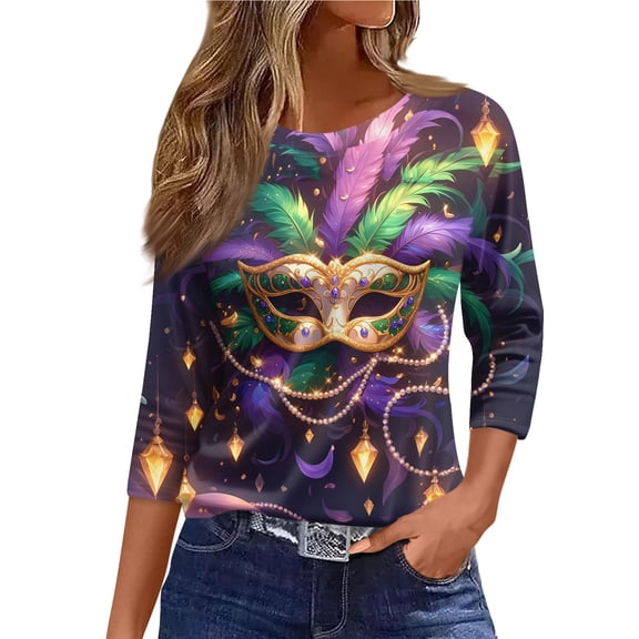Mardi Gras Shirts Women Casual 3/4 Sleeve T-Shirts Funny Carnival Mask Graphic Tunic Tops Holiday Round Neck Pullover Loose Three Quarter Length Blouses Black M