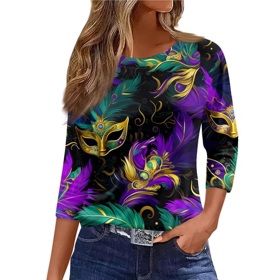 Mardi Gras Shirts for Women Casual 3/4 Sleeve Tunic Tops Funny Carnival Mask Graphic T-Shirts Party Crew Neck Pullover Loose Three Quarter Length Blouses Multicolor S