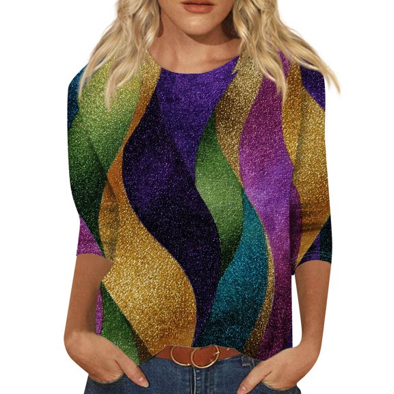 Mardi Gras Shirts for Women Casual 3/4 Sleeve Tunic Tops Funny Carnival Mask Printed T-Shirts Holiday Round Neck Pullover Party Three Quarter Length Blouses Multicolor M