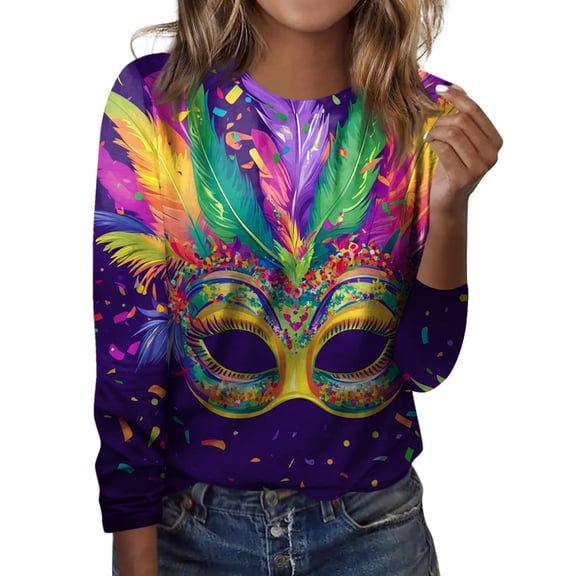 Mardi Gras Shirts Women Casual Long Sleeve T-Shirts Funny Carnival Mask Graphic Tunic Tops Party Round Neck Pullover Holiday Blouses Multicolor 5XL