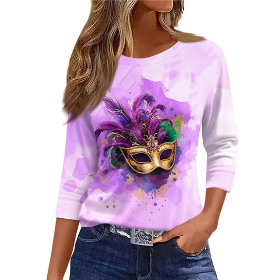 Mardi Gras Shirts Women Holiday 3/4 Sleeve Tunic Tops Funny Carnival Mask Graphic T-Shirts Party Round Neck Blouses Casual Three Quarter Length Pullover Light pink L