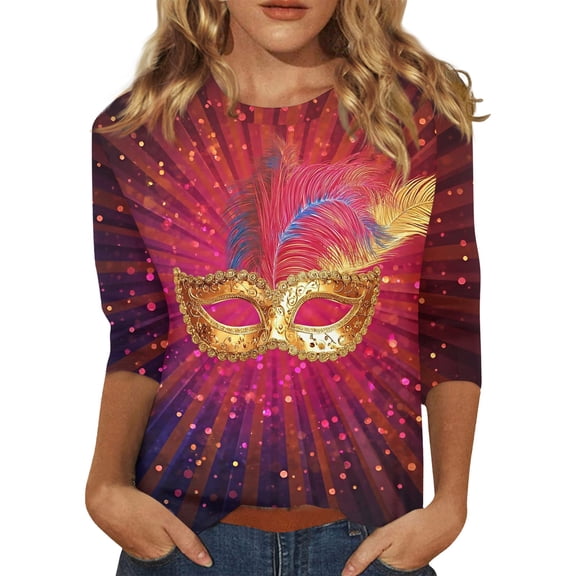 Mardi Gras Shirts for Women Holiday 3/4 Sleeve Tunic Tops Funny Carnival Mask Printed T-Shirts Loose Crew Neck Pullover Casual Three Quarter Length Blouses Hot Pink M