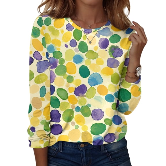 Mardi Gras Shirts Women Holiday Long Sleeve T-Shirts Funny Carnival Mask Printed Tunic Tops Party Crew Neck Blouses Casual Pullover Yellow M