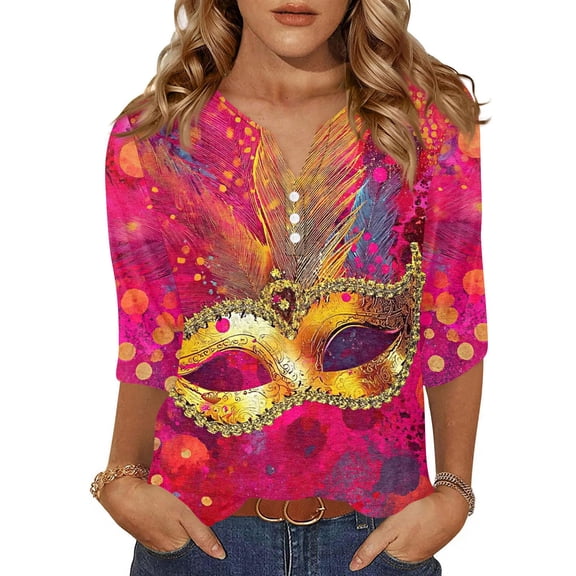 Mardi Gras Shirts Women Loose 3/4 Sleeve T-Shirts Funny Carnival Mask Graphic Tunic Tops Party Round Neck Blouses Holiday Three Quarter Length Pullover Hot Pink S