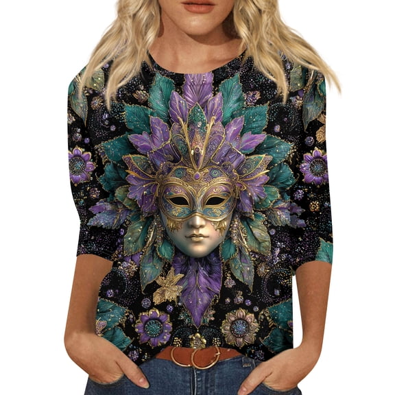 Mardi Gras Shirts Women Loose 3/4 Sleeve Tunic Tops Funny Carnival Mask Printed T-Shirts Party Crew Neck Pullover Casual Three Quarter Length Blouses Black M