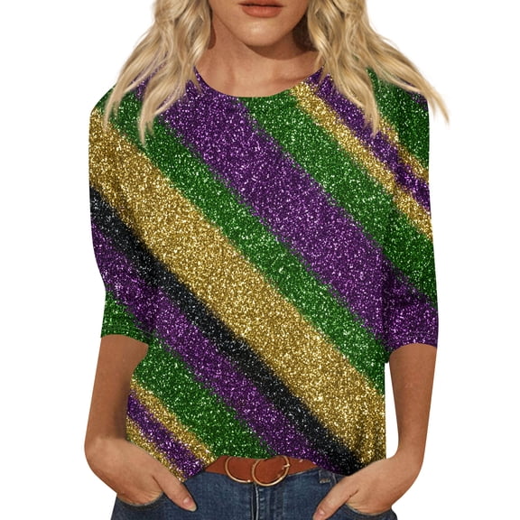 Mardi Gras Shirts for Women Party 3/4 Sleeve T-Shirts Funny Carnival Mask Graphic Tunic Tops Casual Crew Neck Pullover Loose Three Quarter Length Blouses Dark Green S