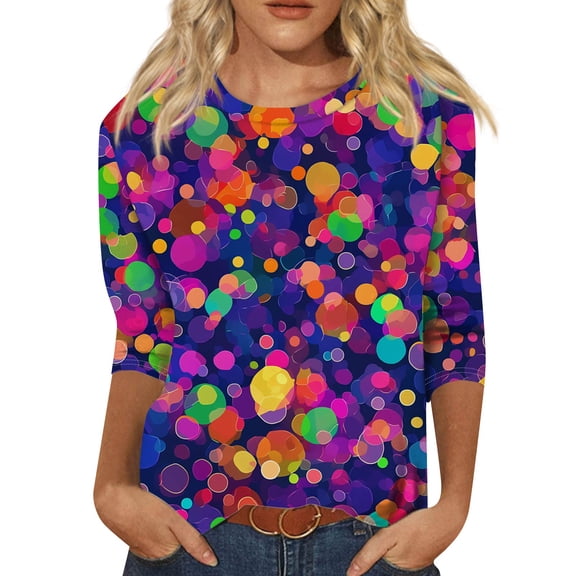 Mardi Gras Shirts Women Party 3/4 Sleeve Tunic Tops Funny Carnival Mask Graphic T-Shirts Loose Round Neck Blouses Holiday Three Quarter Length Pullover Multicolor 3XL