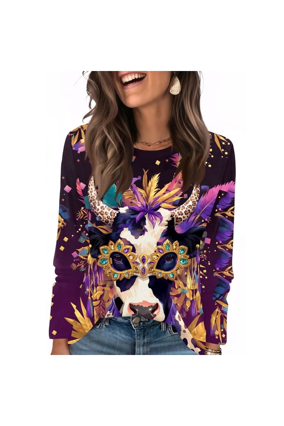 Mardi Gras Shirts Women Plus Size Holiday Long Sleeve Tunic Tops Funny Carnival Mask Graphic T-Shirts Loose Round Neck Blouses Party Pullover Dark Purple 2XL