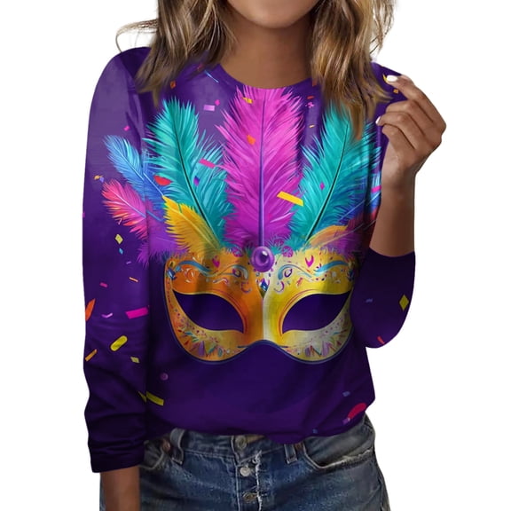 Mardi Gras Shirts Women Plus Size Loose Long Sleeve Tunic Tops Funny Carnival Mask Printed T-Shirts Casual Round Neck Blouses Holiday Pullover Light Gray L