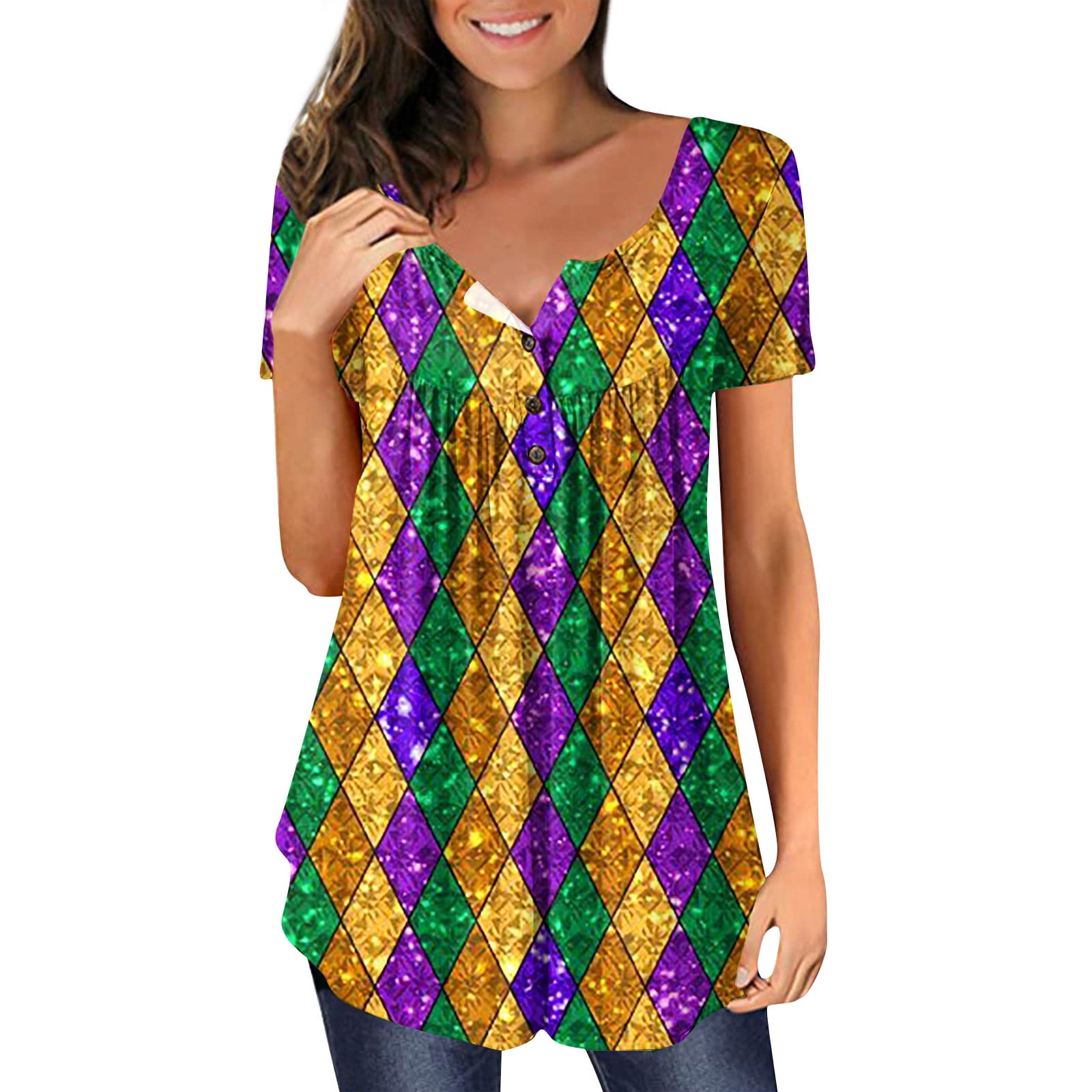 Mardi Gras Shirts Women Plus Size Short Sleeve Green and Purple Button
