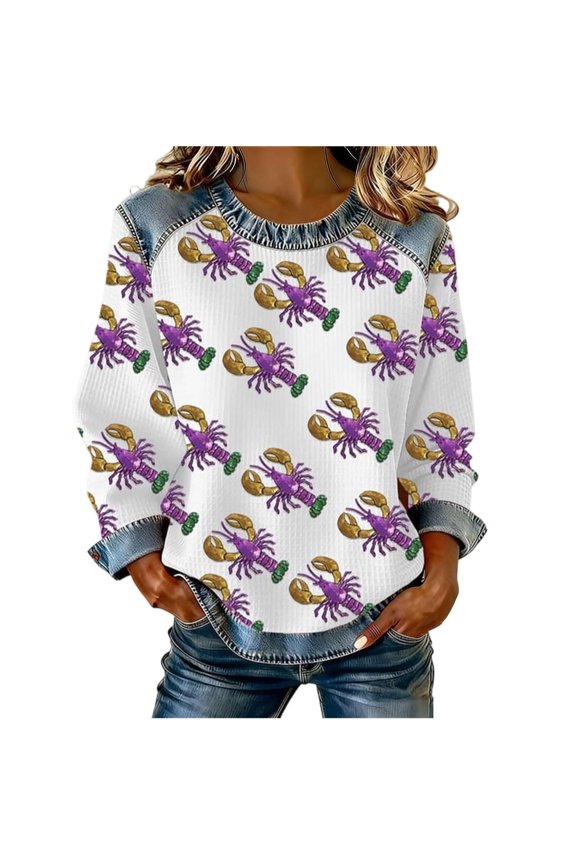 Mardi Gras Shirts for Women Waffle Funny Lobster Tshirt Crew Neck Long Sleeve Shirt Denim Patchwork Blouse Dressy Casual Top Comfy Loose Tees Spring Trendy Tops Carnival Party Costume