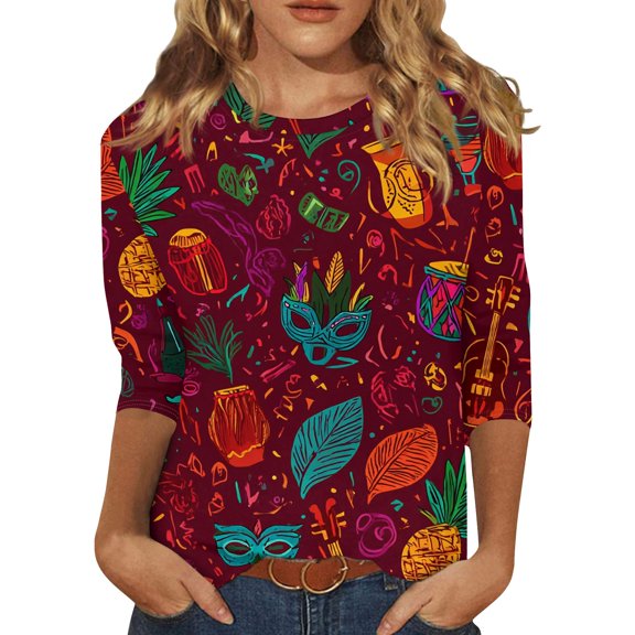 Mardi Gras Shirts Womens Carnival 3/4 Sleeve Purple T Shirts Crew Neck Feathers Print Party Graphic Tee Wine S