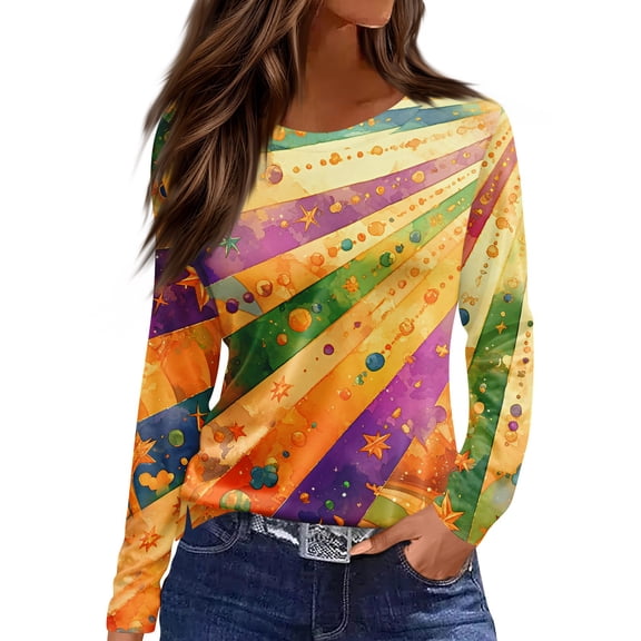 Mardi Gras Shirts Womens Carnival Glitter Long Sleeve T Shirts Mask Print Crew Neck Holiday Tunic Tops Orange 2XL