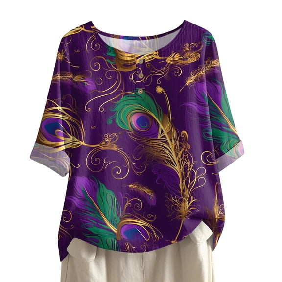 Mardi Gras Shirts Womens Carnival Mask Print Crew Neck Tops Sequins Short Sleeve Purple Blouse Navy S