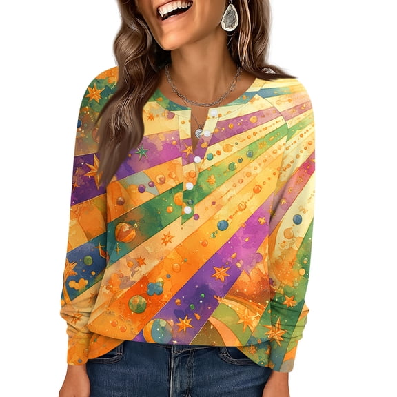 Mardi Gras Shirts Womens Carnival Mask Print Crew Neck Tunic Tops Glitter Long Sleeve Novelty Graphic Tee Gold M