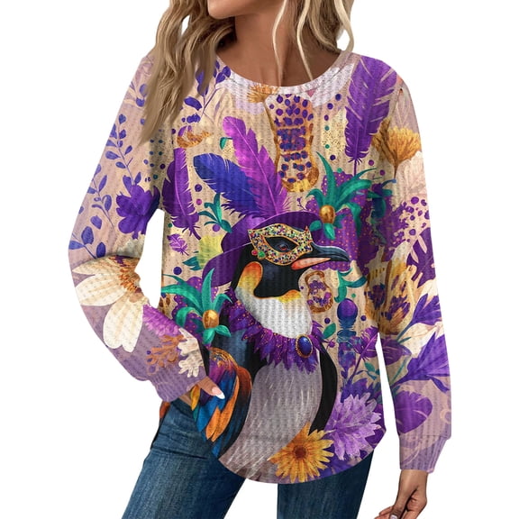 Mardi Gras Shirts Womens Carnival Mask Print Long Sleeve Blouse Sparkly Crew Neck Purple Graphic Tee Purple Pink 2XL