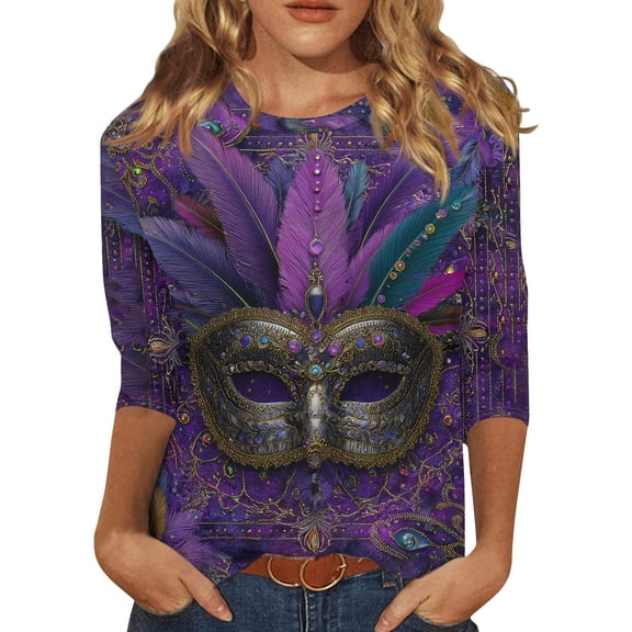 Mardi Gras Shirts Womens Feathers Print 3/4 Sleeve Holiday Tops Crew Neck Glitter Party T Shirts Light Purple M