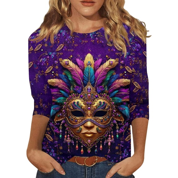 Mardi Gras Shirts Womens Feathers Print 3/4 Sleeve Purple Blouse Crew Neck Carnival Novelty Tunic Tops Dark Purple XL