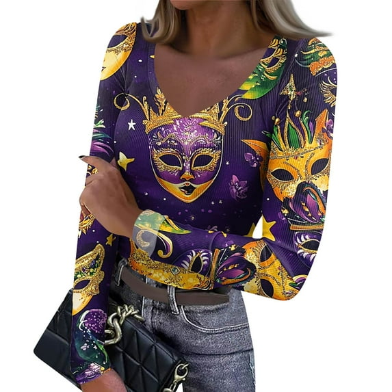 Mardi Gras Shirts Womens Feathers Print Carnival Long Sleeve Tops Sparkly V Neck Holiday Blouse Dark Green XL