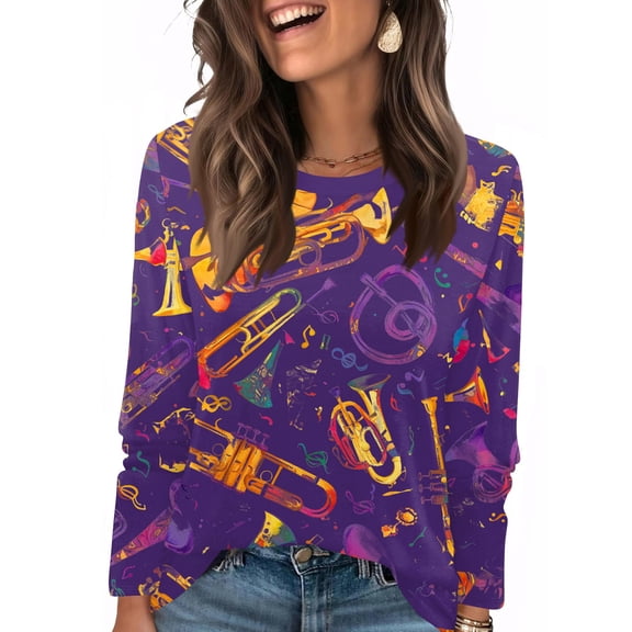 Mardi Gras Shirts Womens Feathers Print Crew Neck Green Graphic Tee Long 3/4 Sleeve Carnival Holiday Tunic Tops Dark Purple M
