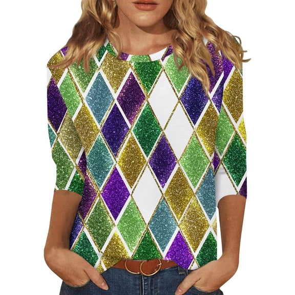 Mardi Gras Shirts Womens Feathers Print Crew Neck Party Blouse 3/4 Sleeve Sequins Green T Shirts Green XL