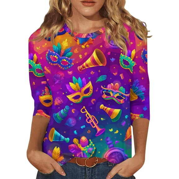 Mardi Gras Shirts Womens Feathers Print Crew Neck Purple Tunic Tops 3/4 Sleeve Sequins Party Tops Purple Pink S