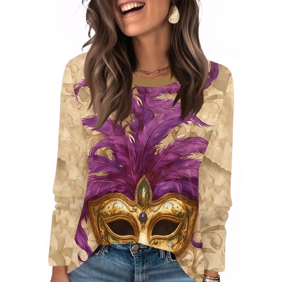 Mardi Gras Shirts Womens Feathers Print Crew Neck Purple Tunic Tops Long 3/4 Sleeve Carnival Gold T Shirts Khaki S
