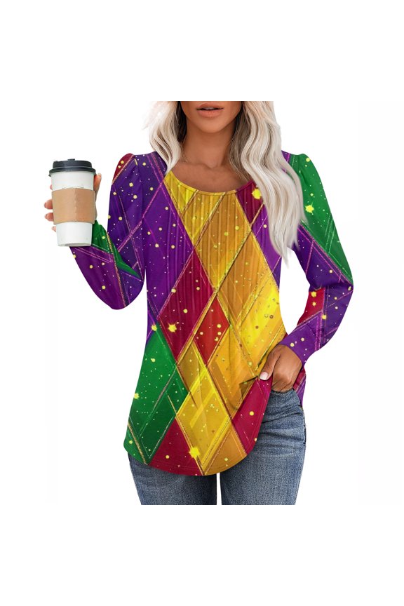 Mardi Gras Shirts Womens Feathers Print Glitter Crew Neck Tops Sequins Long Sleeve Purple Tunic Tops Saffron 3XL