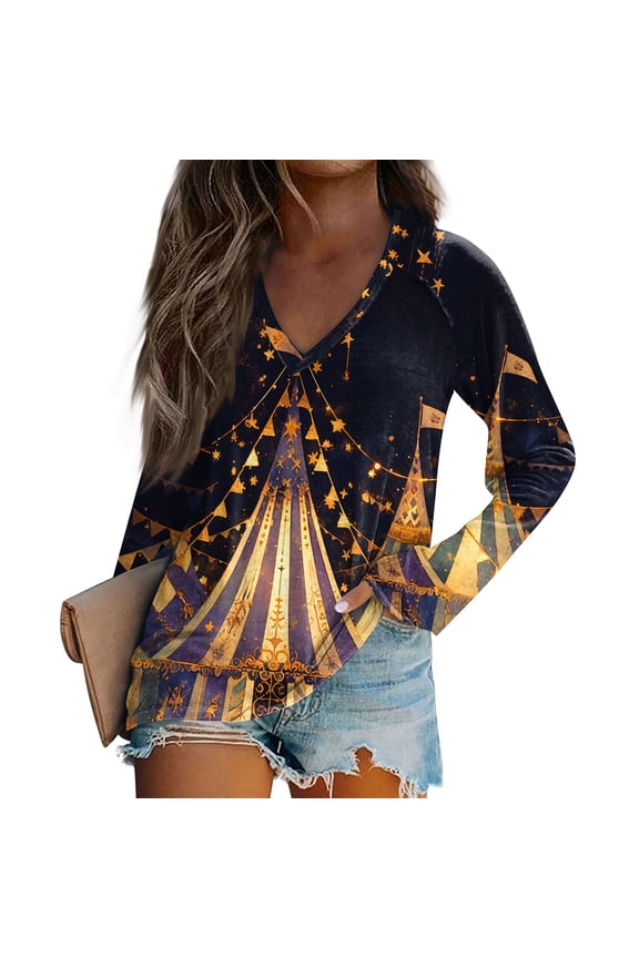 Mardi Gras Shirts Womens Feathers Print Glitter Long Sleeve Blouse Sparkly V Neck Purple Graphic Tee Navy M