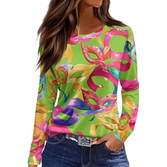 Mardi Gras Shirts Womens Feathers Print Sparkly Long Sleeve Tops Glitter Crew Neck Purple Tunic Tops Green 2XL