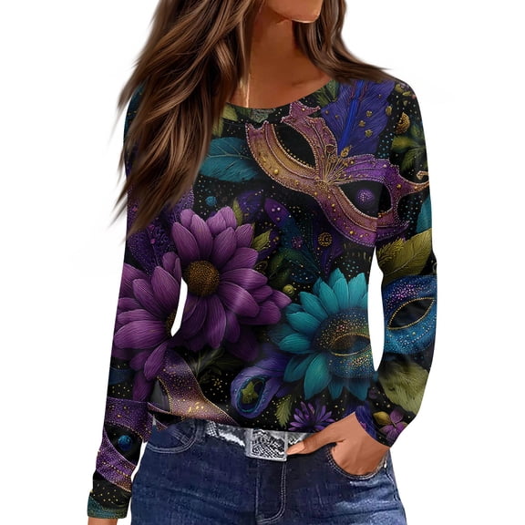 Mardi Gras Shirts Womens Glitter Feathers Print Long Sleeve Graphic Tee Sequins Crew Neck Gold T Shirts Royal Blue 3XL
