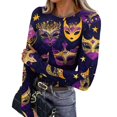 thumbnail image 1 of Mardi Gras Shirts Womens Glitter Mask Print Crew Neck Blouse Carnival Long Sleeve Party Tunic Tops Dark Purple S, 1 of 5