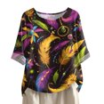 thumbnail image 1 of Mardi Gras Shirts Womens Glitter Mask Print Short Sleeve Blouse Feathers Print Crew Neck Green Tunic Tops Orange S, 1 of 4