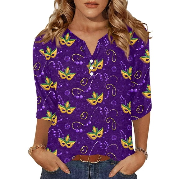 Mardi Gras Shirts Womens Glitter Sparkly 3/4 Sleeve Tunic Tops Sequins V Neck Green Graphic Tee Dark Purple L